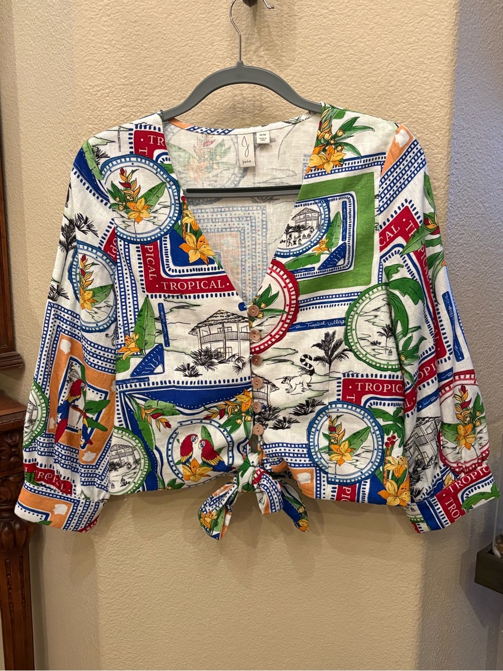Joie Multicolor Fun Tropical Print Tie-Front Vacation Linen Top Size Medium